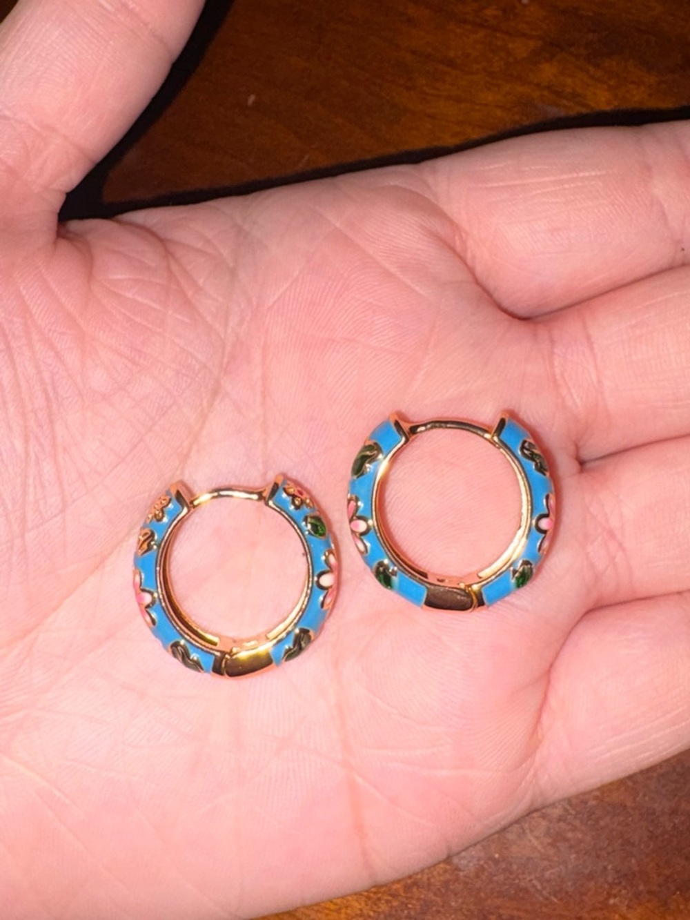 Gold-Tone Blue Floral Enamel Hoop Earrings